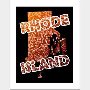 Colorful mandala art map of Rhode Island with text in brown and orange Posters and Art